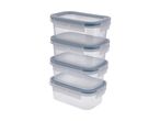 Stack of four rectangular clear plastic food storage containers with blue-grey lids and clasps