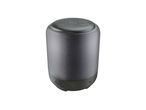 A dark gray portable Bluetooth speaker.