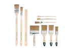A set of various paintbrushes, including flat and round brushes, with wooden handles.