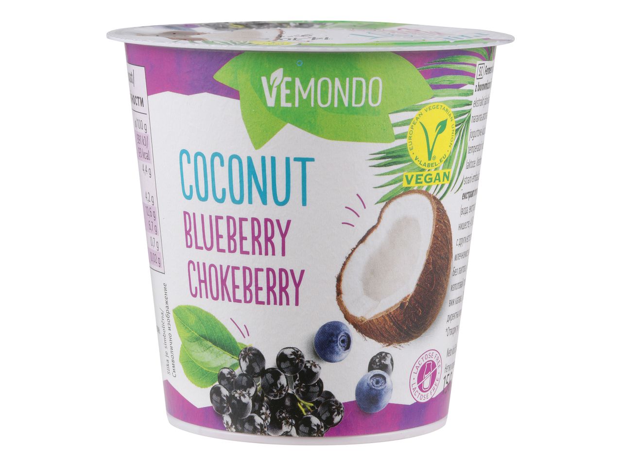 Veganski jogurt z okusom kokosa, borovnic in črnega ribeza.
