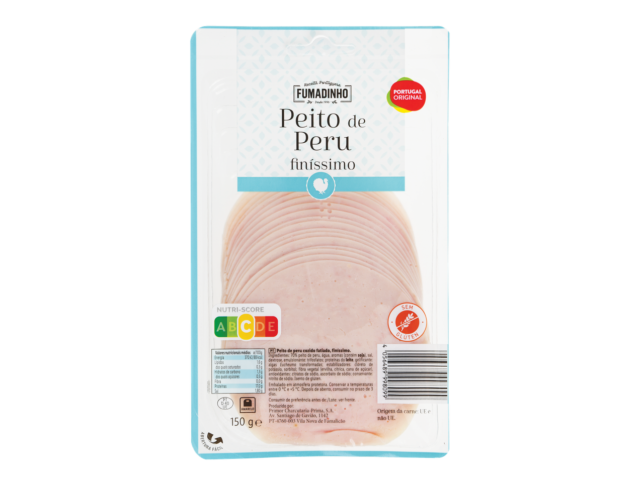 Fumadinho Peito de Peru Fatiado Finíssimo, embalagem com Nutri-Score B e selo Sem Glúten.