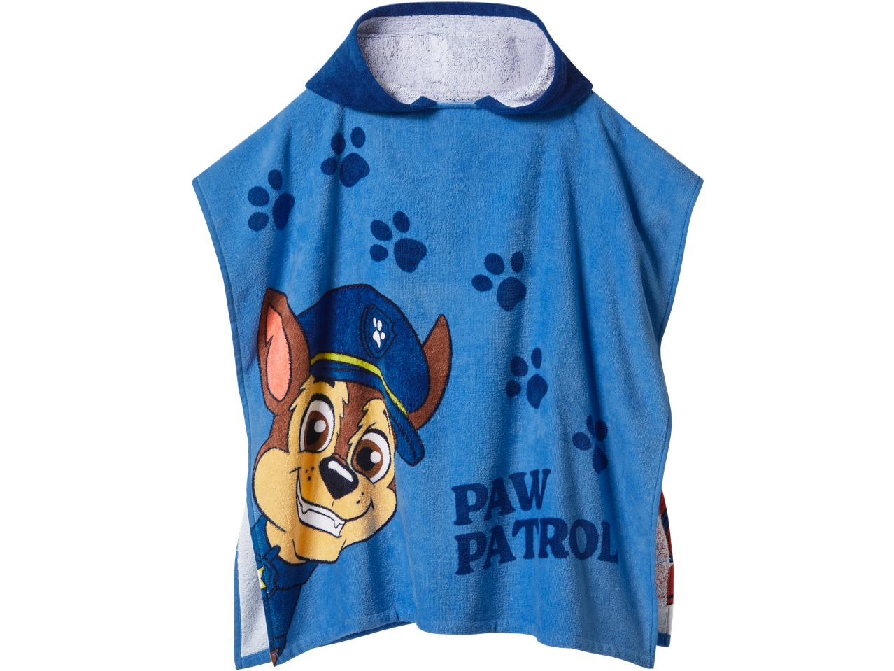 Poncho de bain bleu LUPILU pour enfant avec Chase de la Pat' Patrouille et empreintes de pattes.