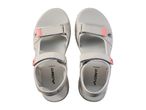 Pair of light grey sandals with coral accents, viewed from above