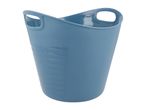 A blue plastic laundry basket with handles.