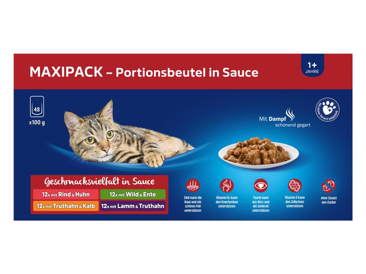 MAXIPACK Katzenfutter in Sauce: 48 Portionsbeutel mit Rind, Huhn, Wild, Ente, Truthahn und Lamm.