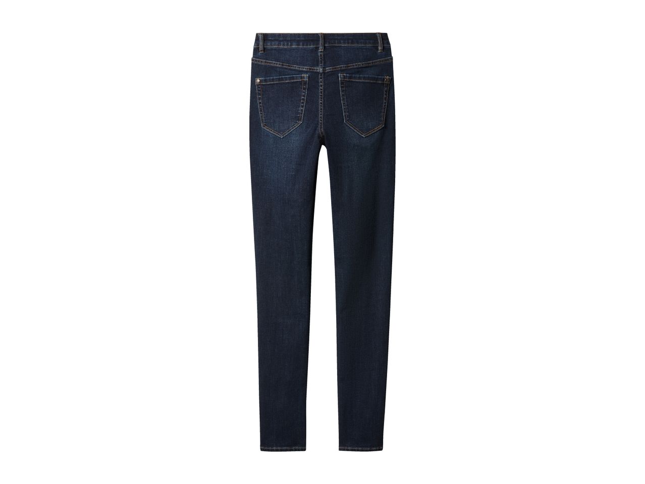 Dark blue denim jeans with visible back pockets and stitching.