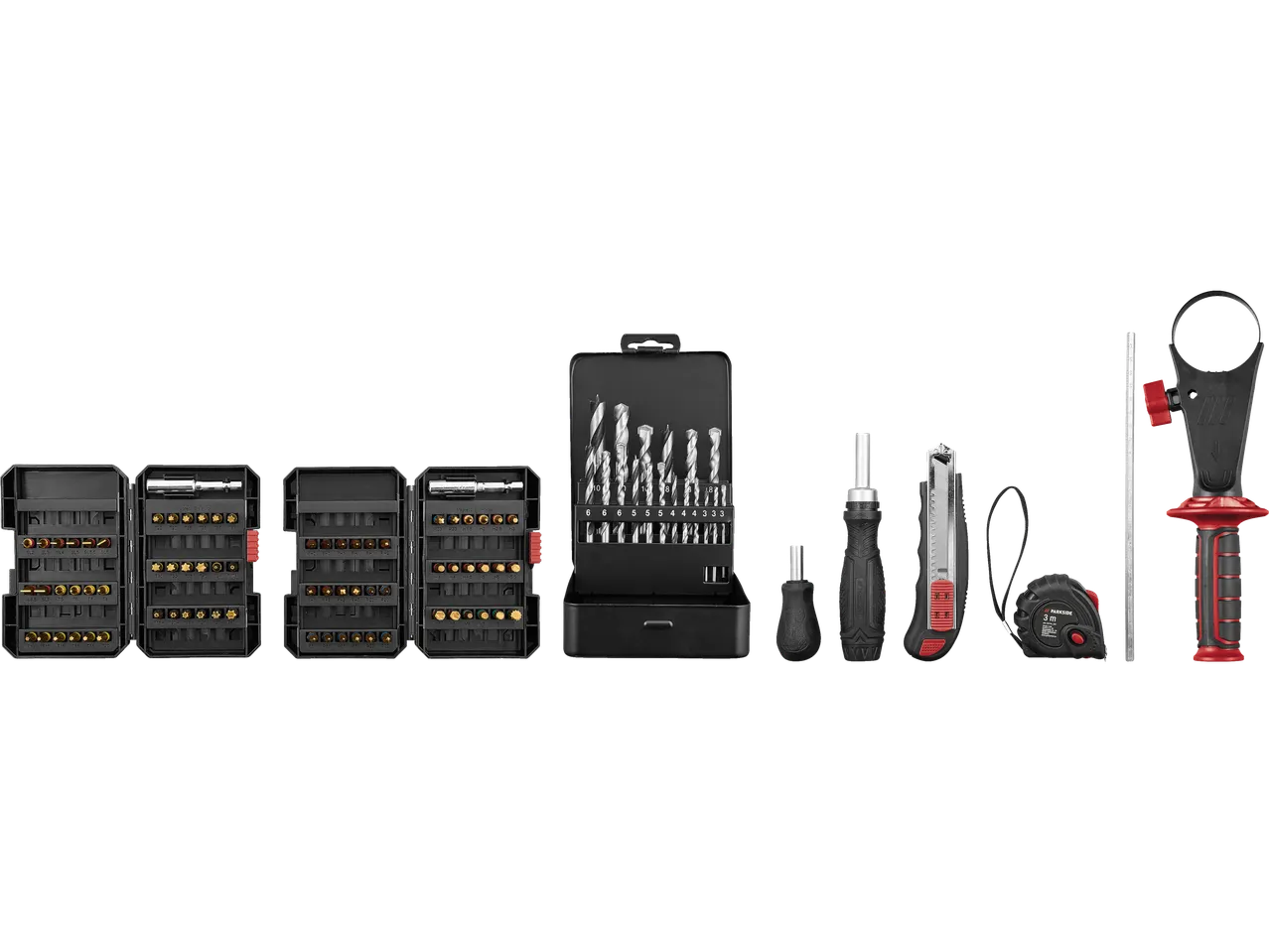 PARKSIDE grąžtų ir antgalių rinkinys, atsuktuvai, peilis ir matavimo juosta.