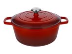 Red cast iron Dutch oven with lid and silver knob on a white background.