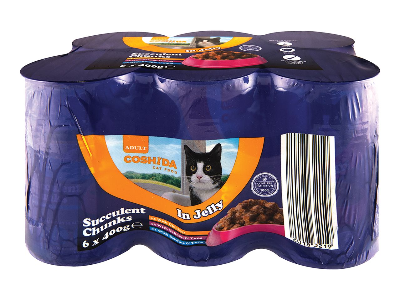 Six cans of Coshida cat food in jelly.