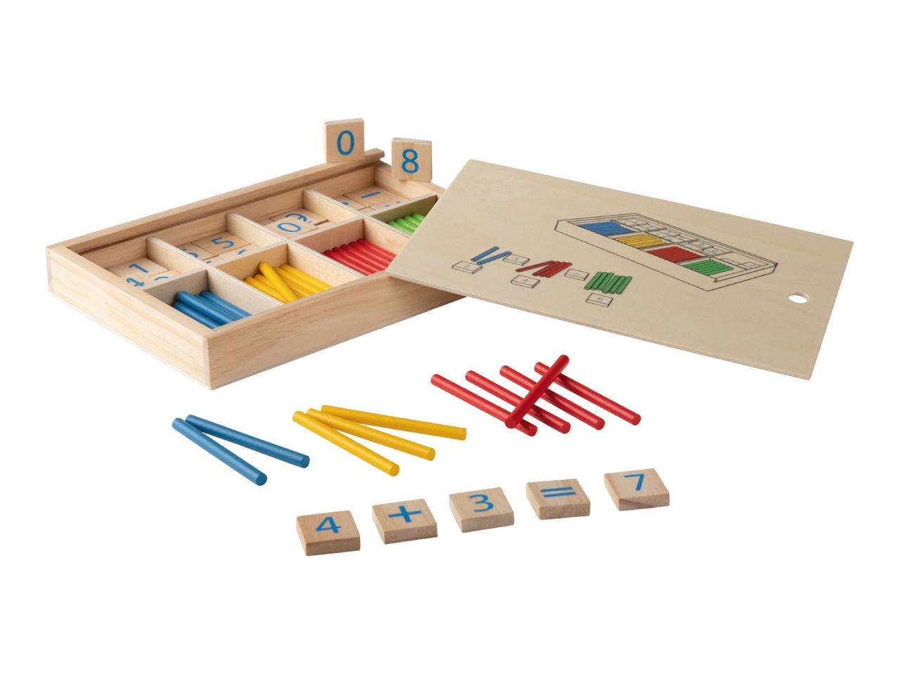 Wooden math counting toy with number blocks and colorful sticks