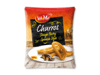 Churros-pakke med spansk-inspireret design, der viser churros med chokoladesauce på en tallerken.