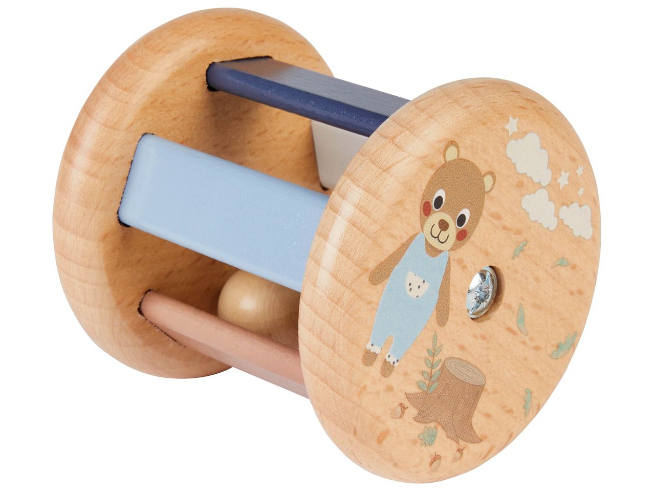 Hochet en bois pour bébé, décoré d'un ourson.