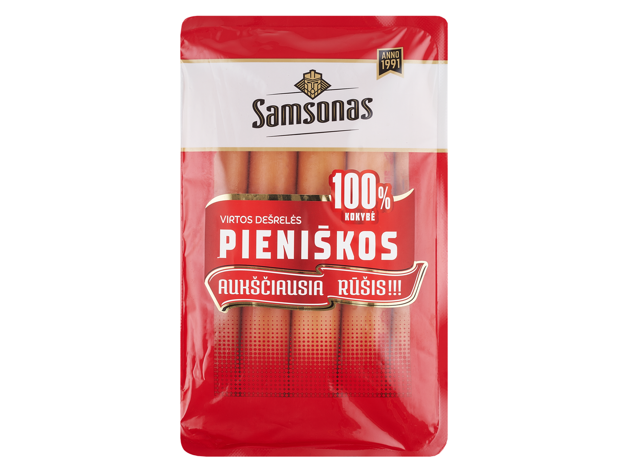 Samsonas virtos pieniškos dešrelės, 100% kokybė, aukščiausia rūšis.
