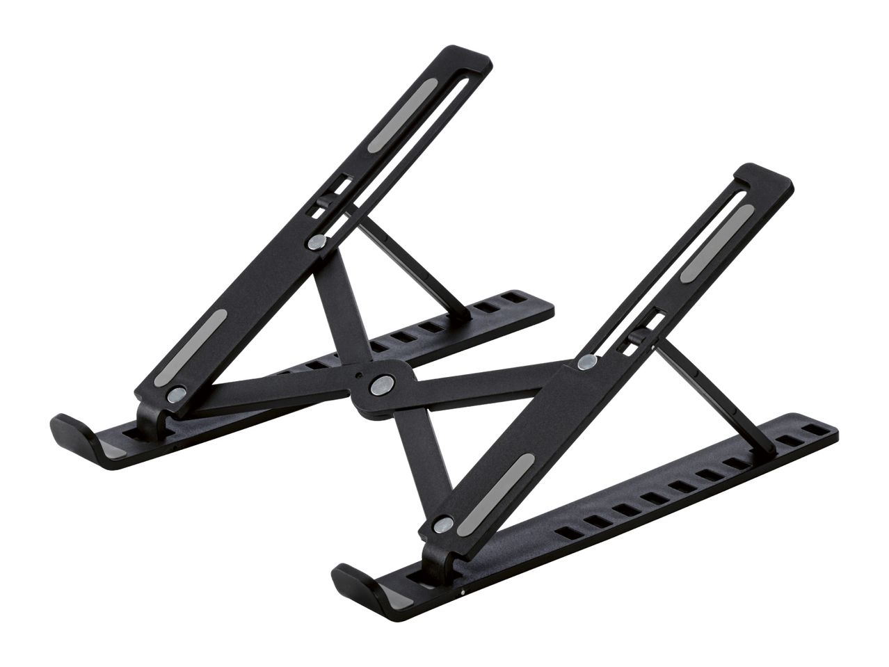 Two black foldable laptop stands with adjustable height and non-slip pads.