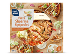 Pizza Shoarma kip/poulet met knoflooksaus, mozzarella, ui en 639g gewicht, 240°C, 6-8 min bereidingstijd.