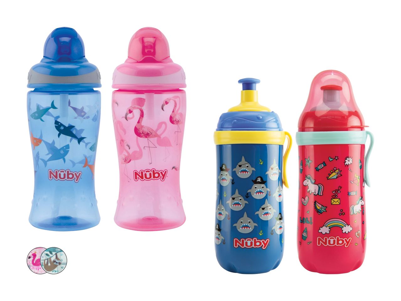 Kinder-Trinkflaschen in verschiedenen Designs und Farben.