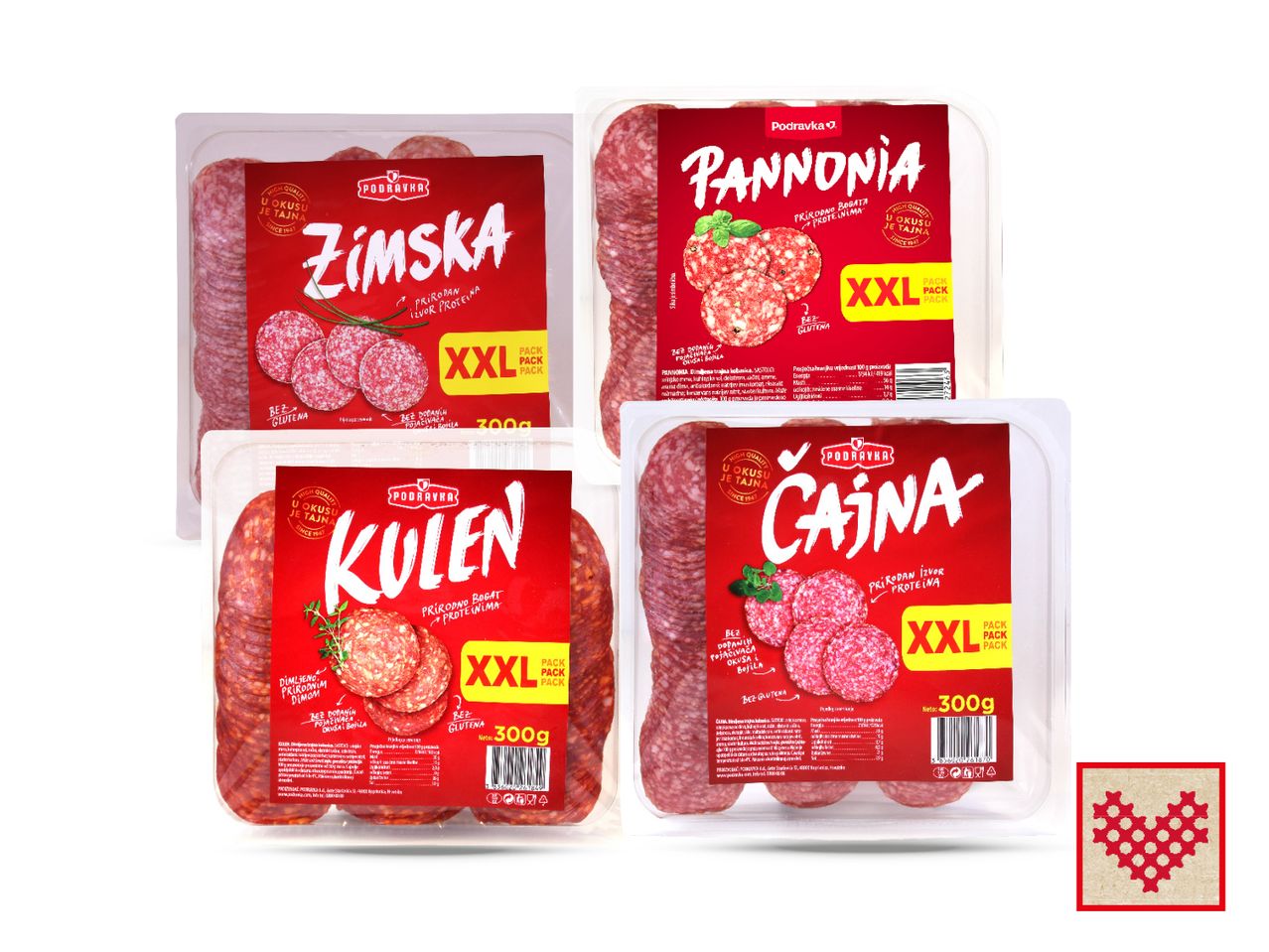Četiri vrste Zimske kobasice (Zimska, Paprička, Kulen, Čajna) pakirane u plastiku.