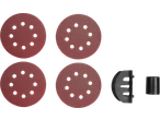 Parkside® Sander Assortment: Four round sanding sheets, a sanding attachment, and a dust adapter.