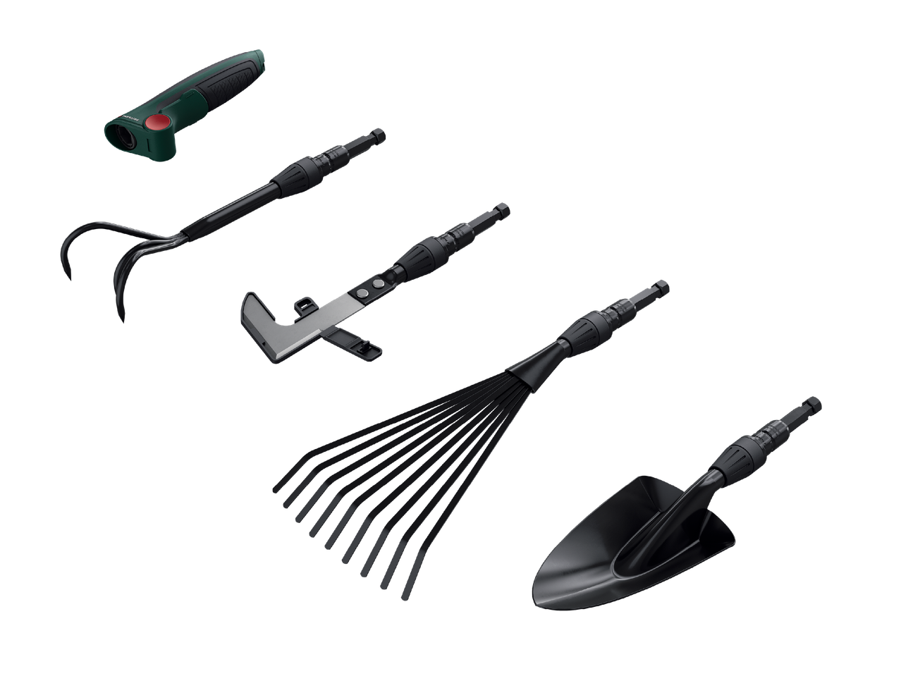 Комплект градински инструменти, включващ мотика, гребло, лопатка и уред за премахване на плевели.