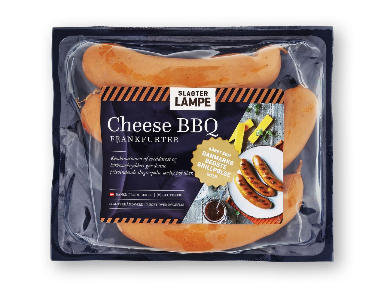 Pakke med fire Farmer Lampe Cheese BBQ pølser.