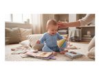 Happy baby in blue romper playing with soft toys and books on a cozy rug.