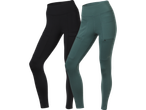 Två par leggings, ett svart och ett grönt, med fickor och dragkedjor.