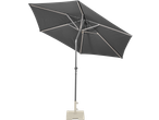 Dark grey patio umbrella with LED lights and a light-colored base.
