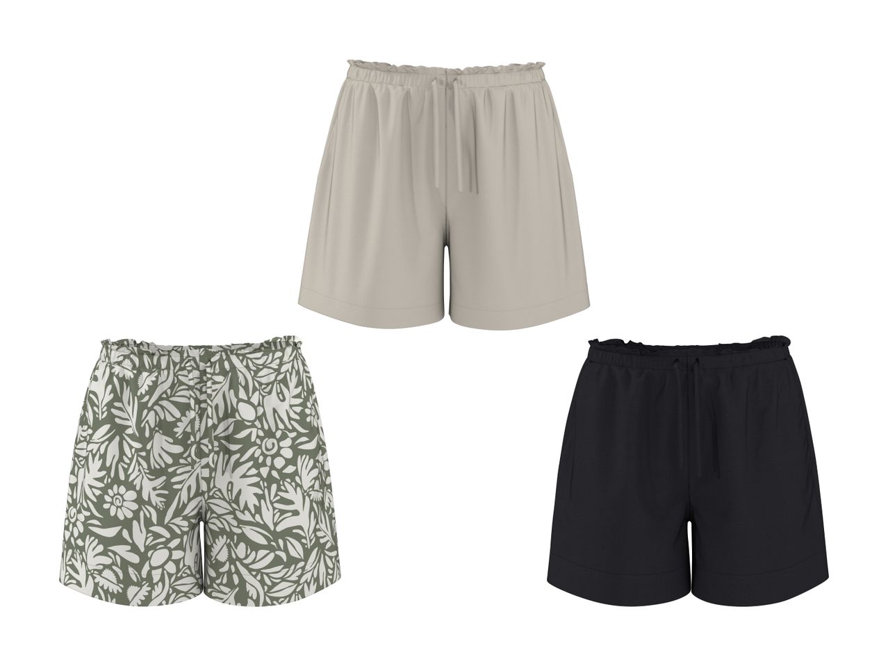Tre par shorts: et par beige, et par sorte og et par med grønt og hvidt blomstermønster.
