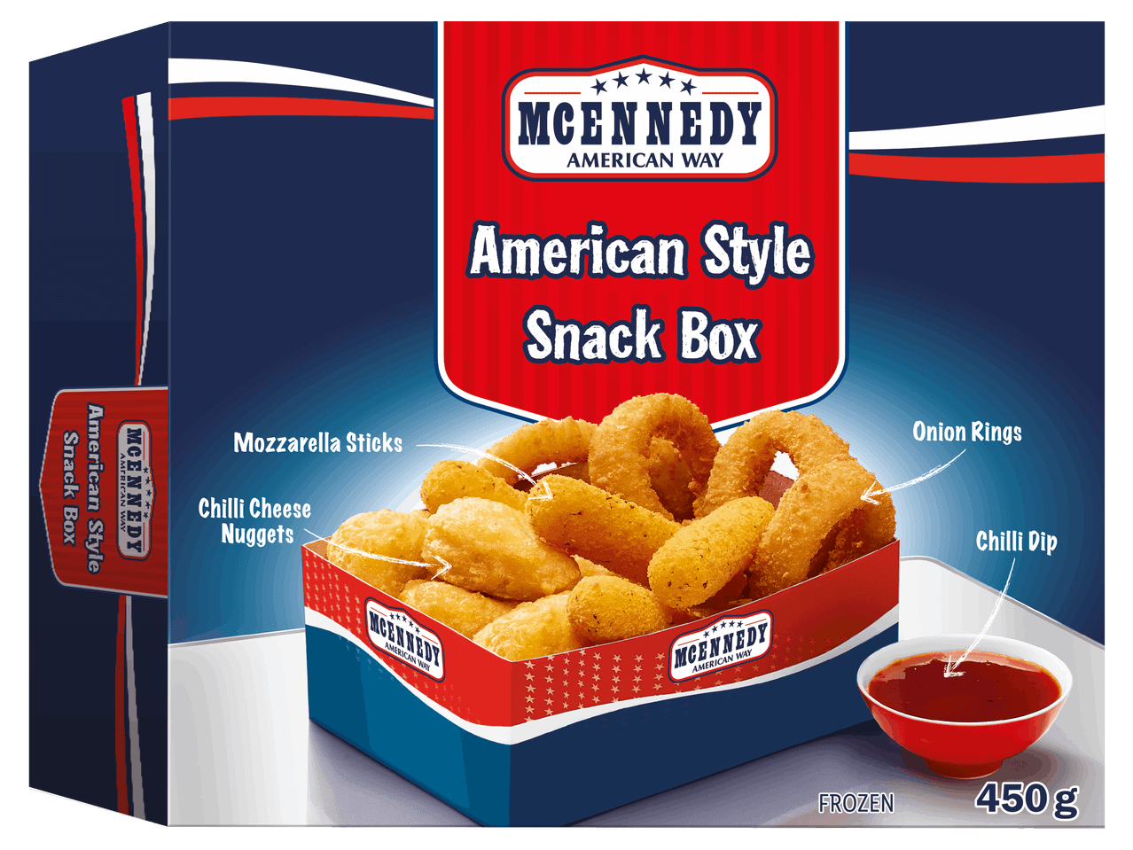 Amerikai stílusú fagyasztott snack box sajtfalatkákkal, hagymakarikákkal és szósszal.