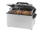 Salter deep fat fryer with chips in the basket, lid open.