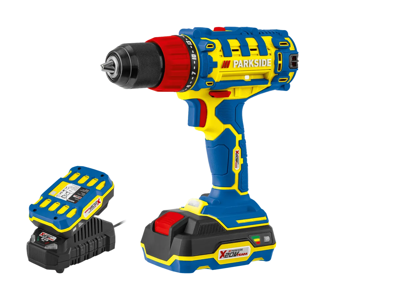Perceuse-visseuse sans fil bleue et jaune avec batterie et chargeur.
