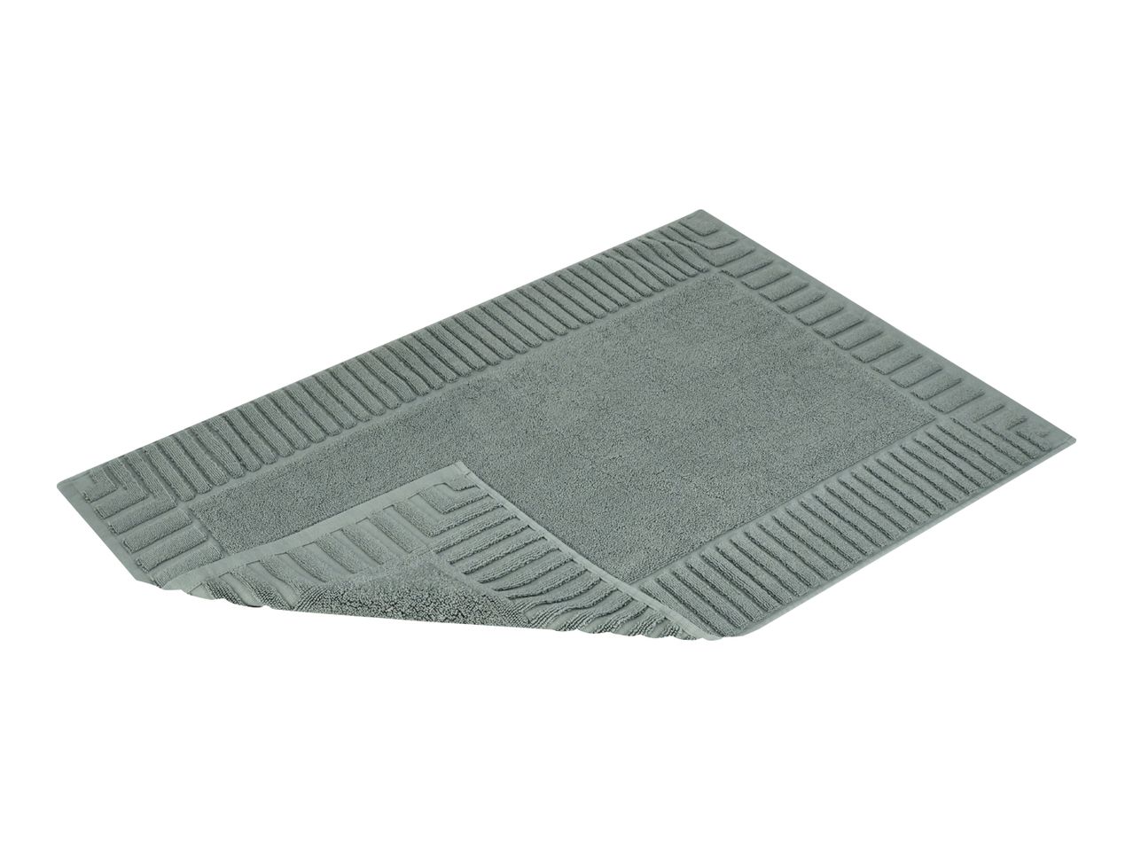 A grey bath mat with a textured border, folded slightly at one corner.