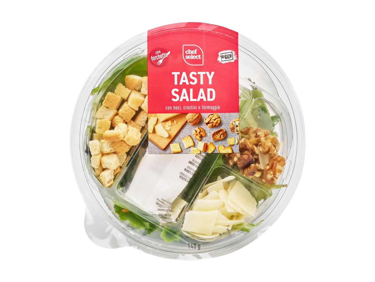 Insalata Chef Select Tasty: lattuga, crostini, noci e formaggio in un comodo contenitore per asporto.