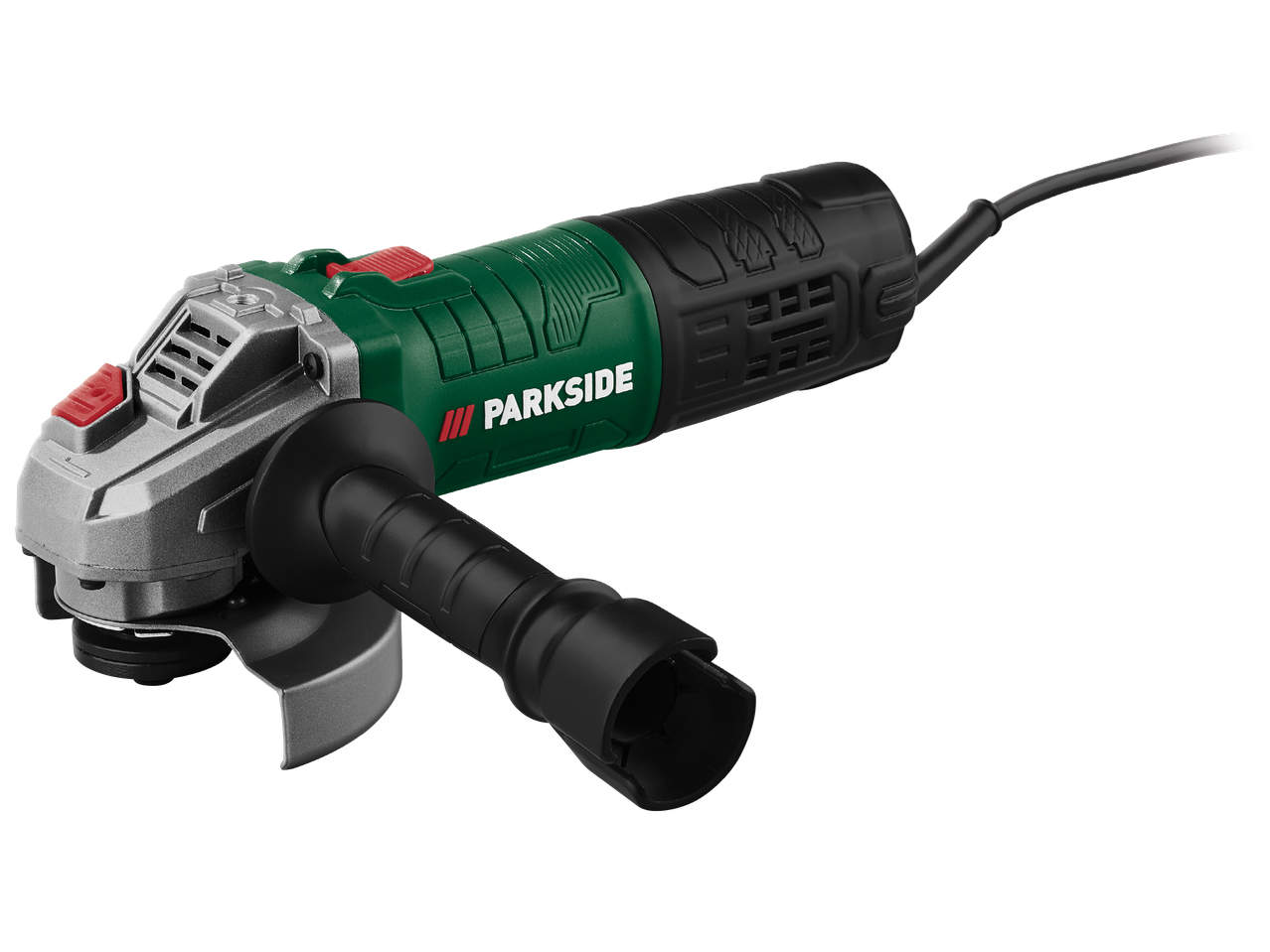 Ъглошлайф в зелено и черно с червени акценти и черен захранващ кабел.