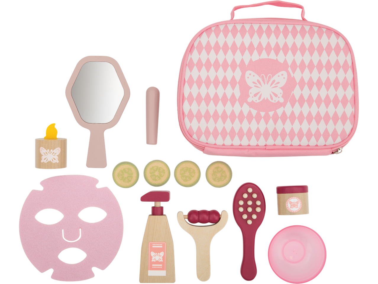 Žaislinis SPA dienos rinkinys su veidrodžiu, veido kauke, agurkų griežinėliais ir krepšiu.