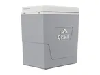 A Crivit grey and white portable cooler is shown.
