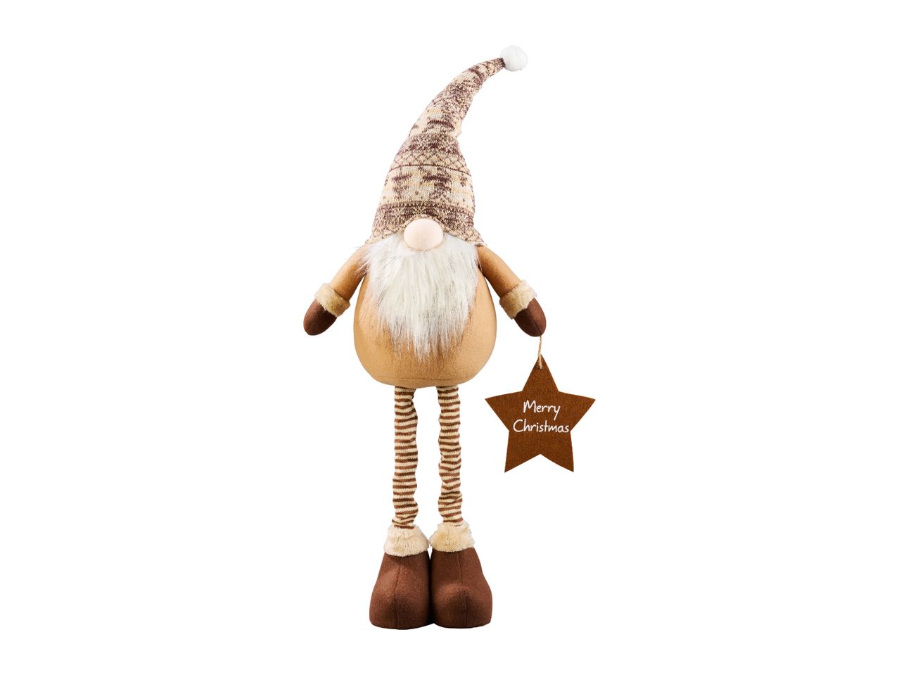 Christmas gnome decoration with a brown knitted hat, white beard, and a star-shaped tag that says 'Merry Christmas'