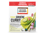 Verpakking Thaise groene curry kruidenpasta met Fairtrade en Vegan keurmerken.
