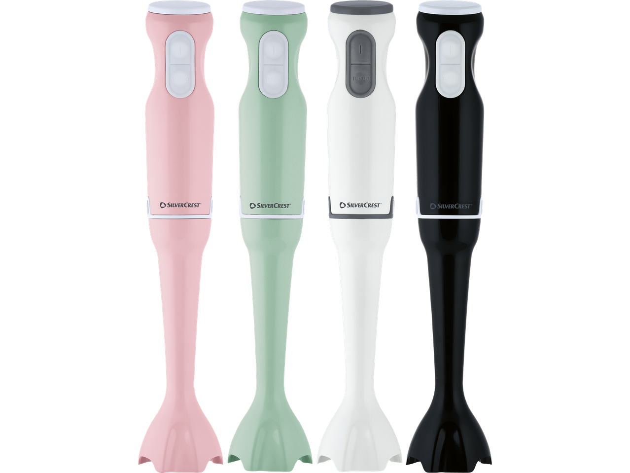 Fyra SilverCrest stavmixrar i rosa, mintgrön, vit och svart.