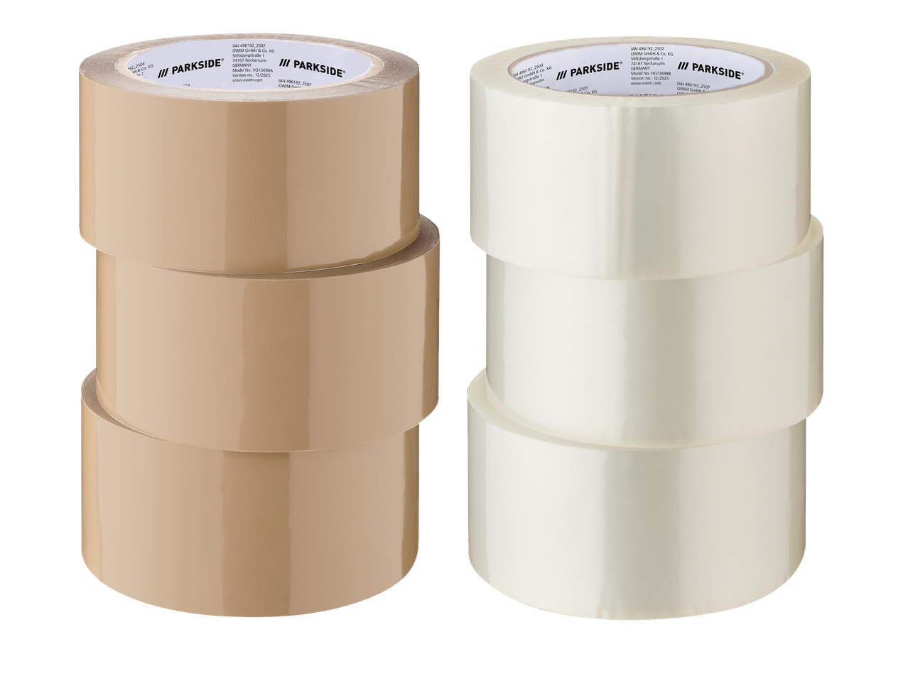 Šest rola ljepljive trake, tri smeđe i tri prozirne, složene u dva stupca.