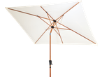 Livarno Crank & Tilt Parasol, white square canopy with wooden frame, viewed from below.