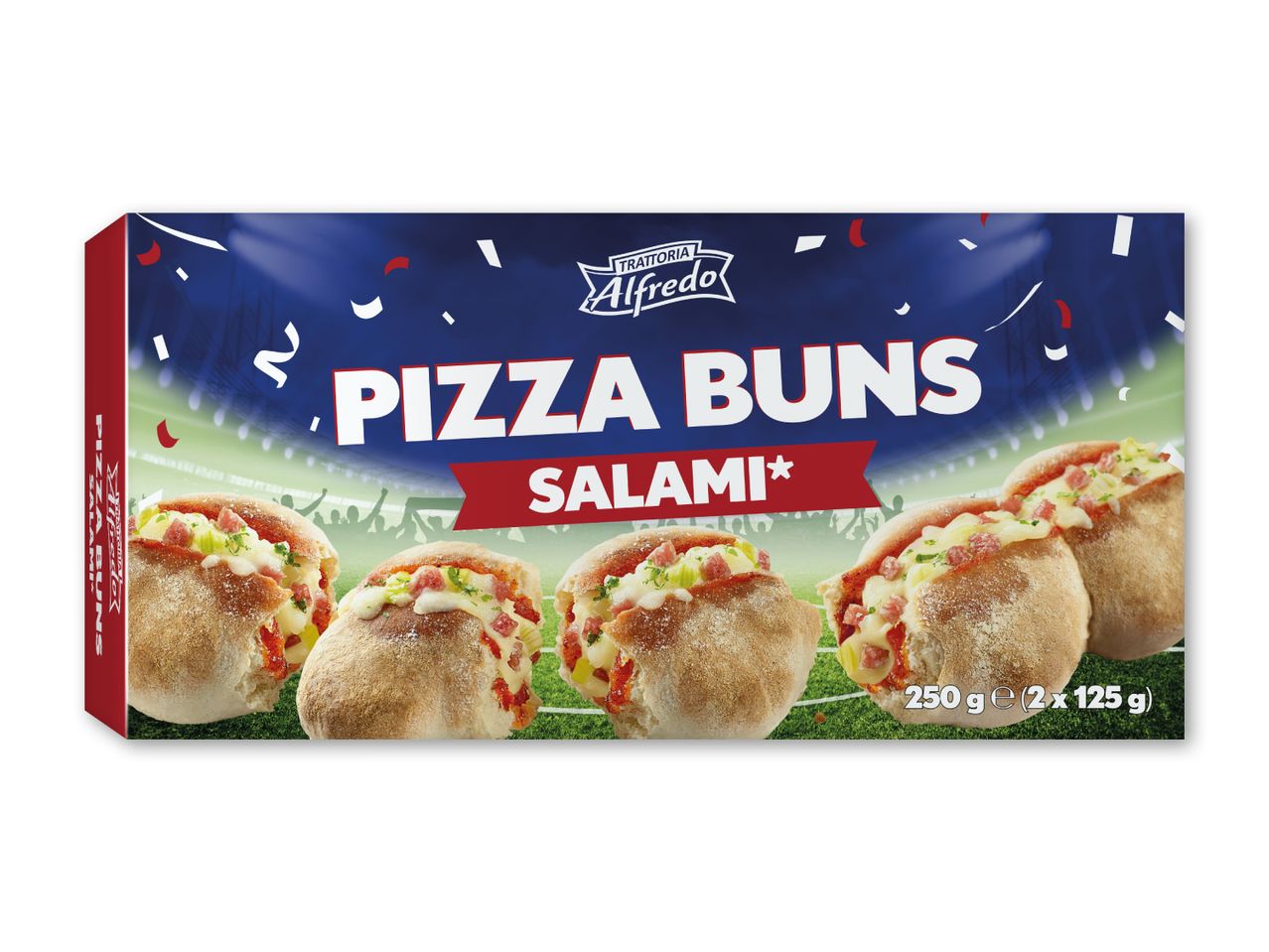 Pizza buns med salami i en pakke med fodboldtema.