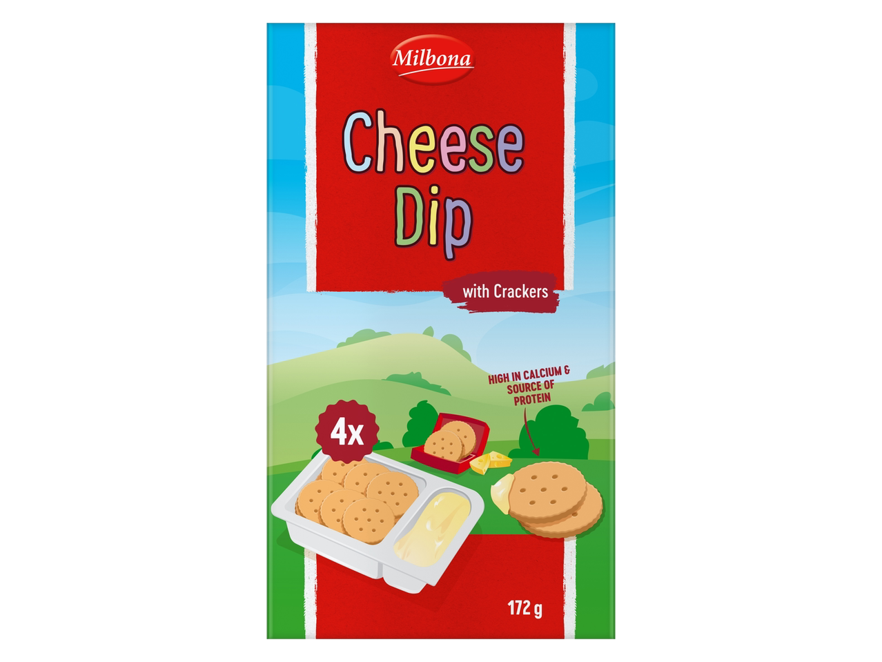 Dip de brânză Milbona cu crackers.