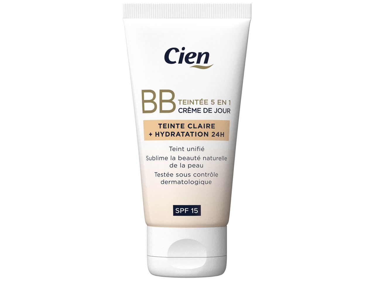 Tube de crème BB Cien Teintée 5 en 1 Crème de Jour, Teinte Claire + Hydratation 24H, SPF 15.