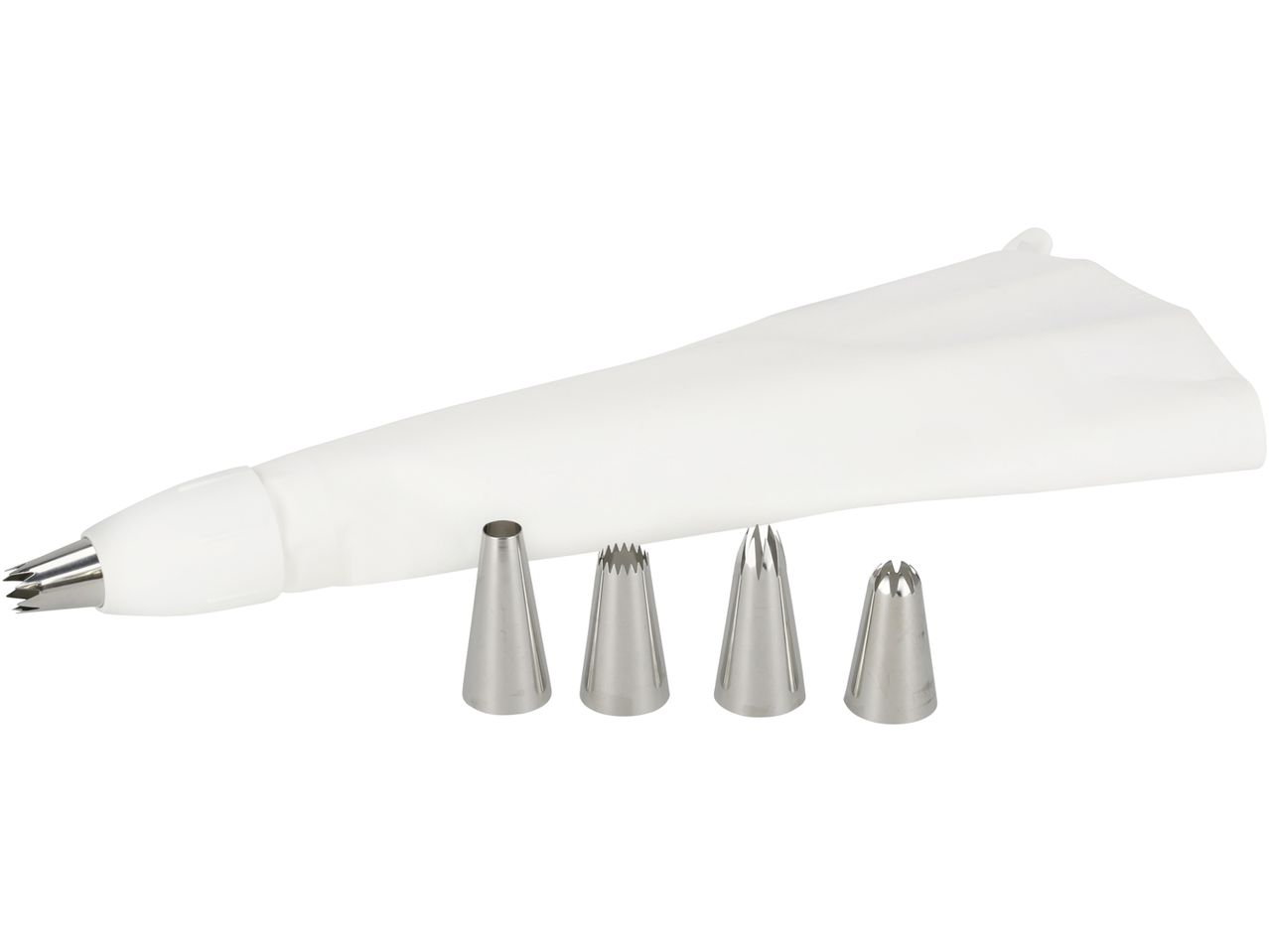 A white piping bag with a metal nozzle and four additional metal piping tips.
