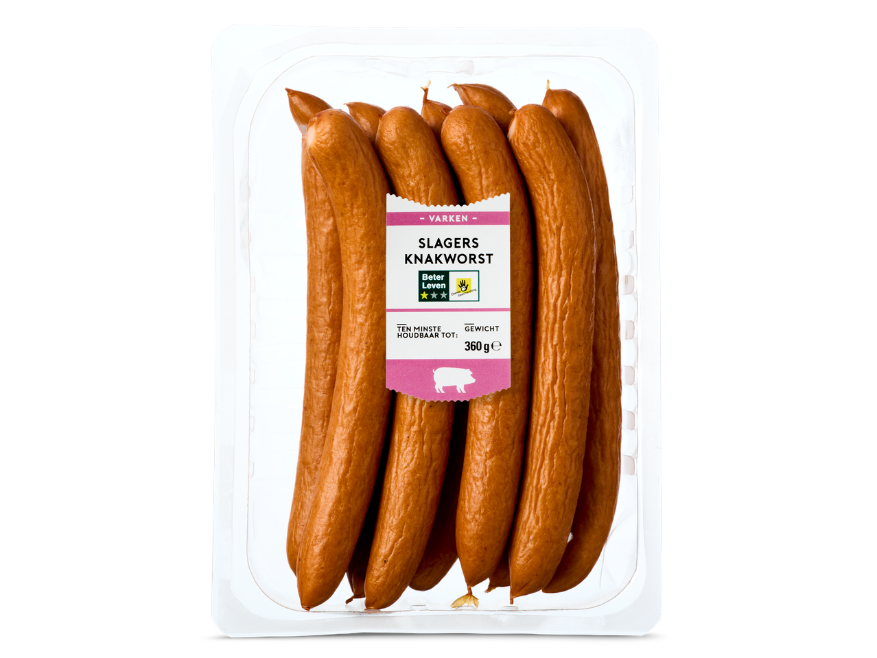Verpakking Slagers Knakworst met een Beter Leven 2-sterren keurmerk, 360g.