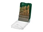 Drill bit set with various sizes in a green and clear plastic case.