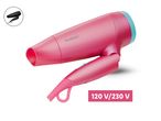 Ružičasti fen za kosu s dvostrukim naponom (120 V/230 V).