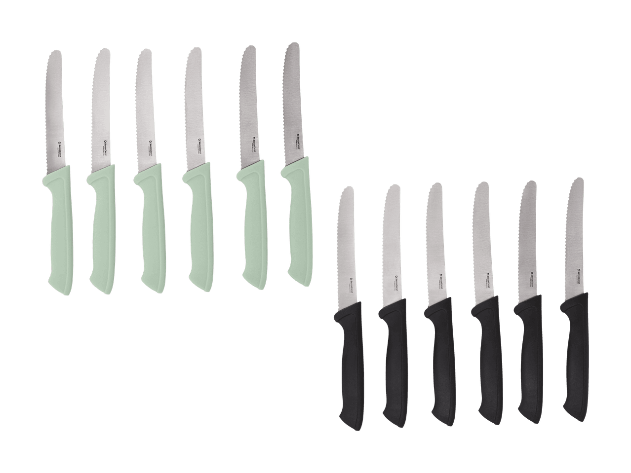 Un ensemble de couteaux de table à lame dentelée, avec des manches verts et noirs.