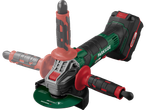A cordless angle grinder with a green body, red accents, and a cutting disc.